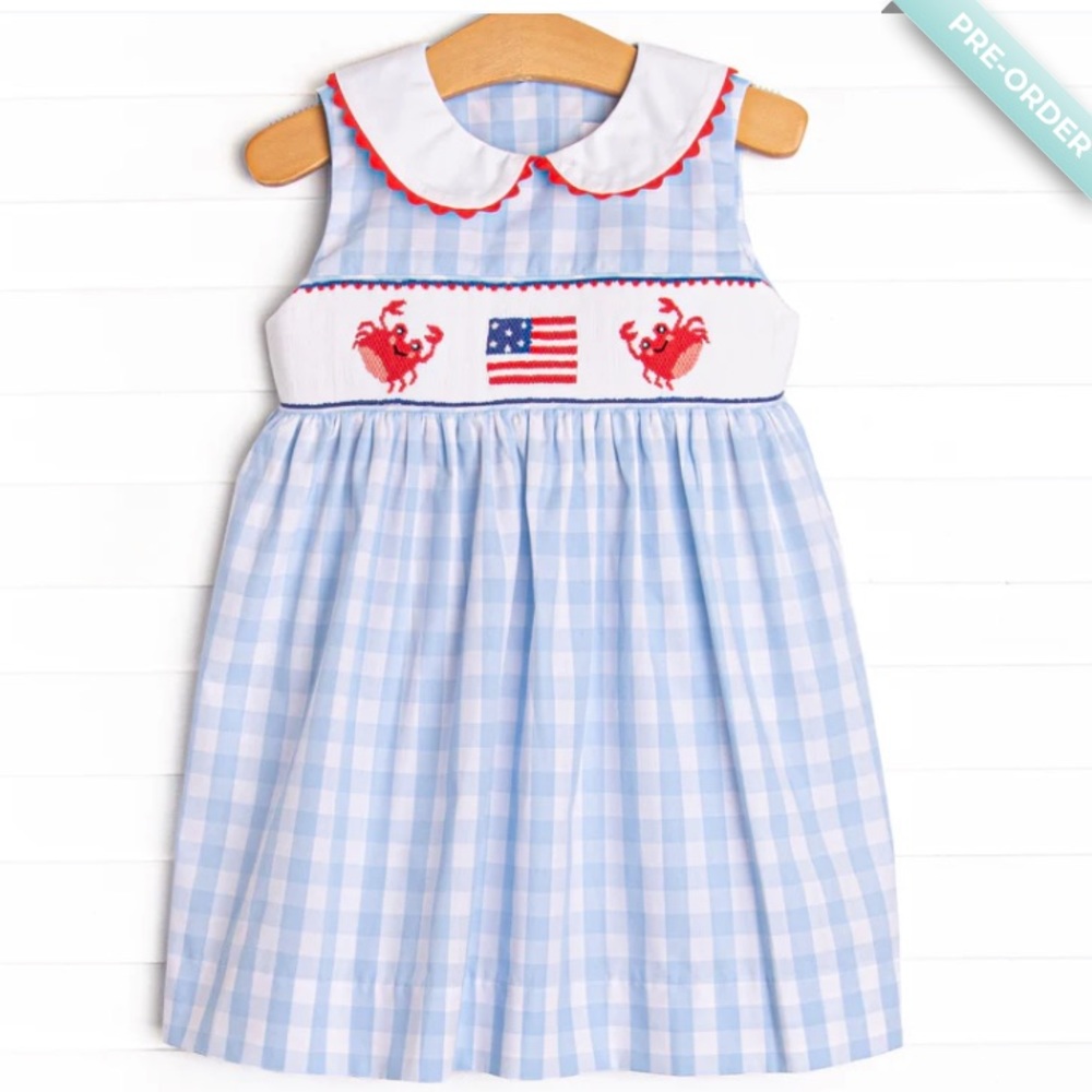 Patriotic Pinchers Smocked Dress, Blue